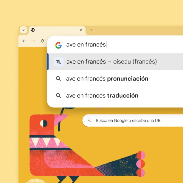 La página de la Búsqueda de Google con una imágen de un pájaro y la búsqueda de “ave en francés” con un resultado que indica “oiseau”