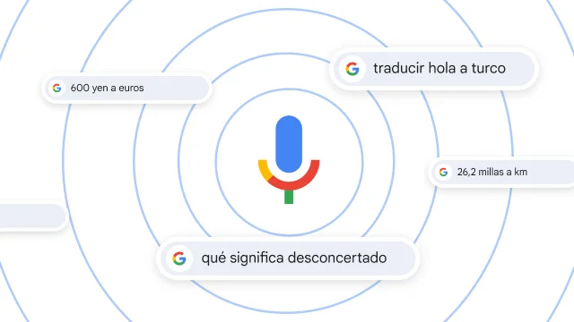 Un micrófono rodeado de diferentes búsquedas por voz.