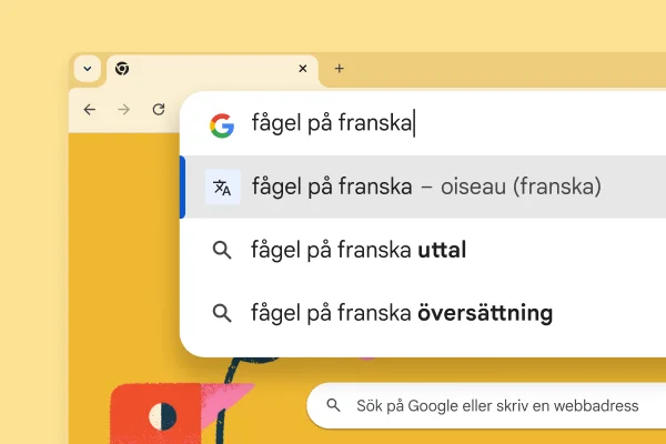 Googles söksida med en bild på en fågel och en sökning på ”fågel på franska” med resultatet ”oiseau”